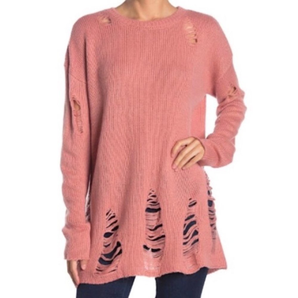 New Show Me Your Mumu Distressed Knit Tamaya Tunic Sweater Pink Size Small